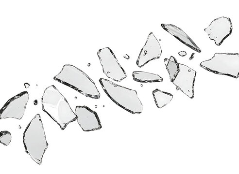 Scattered shards of clear broken glass floating in space isolated on transparent background