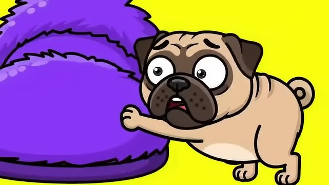 Pug hugging purple fluff with cartoon.