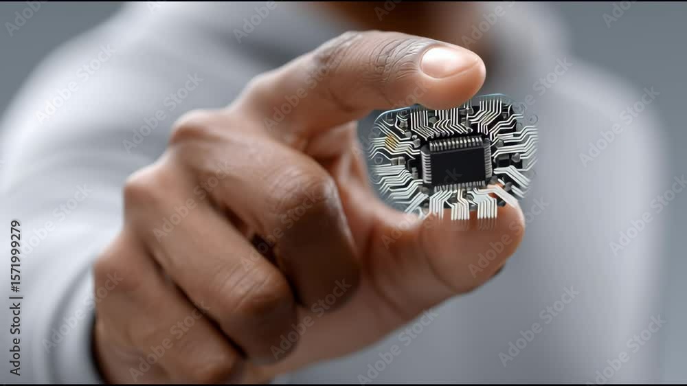 Aufkleber digital brain: a close-up shot of a person holding a microchip, symbolizing the intersection of huma