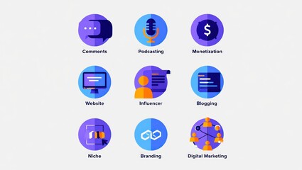 Nine colorful circular icons illustrate key aspects of online content creation and marketing strategies.