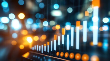 Growing bar graph displaying increasing financial performance in a blurred city background