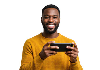 Smiling black man wearing yellow sweater holding smartphone isolated on transparent background