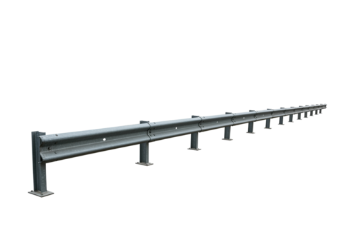 Galvanized steel highway guardrail section with support posts isolated on transparent background