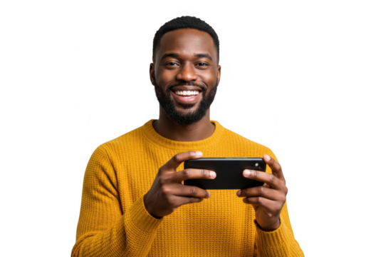 Smiling black man wearing yellow sweater holding smartphone isolated on transparent background