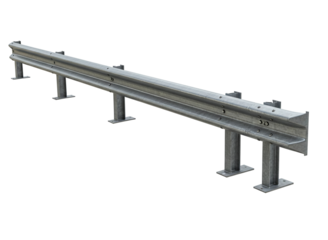 Galvanized steel highway guardrail section with support posts isolated on transparent background