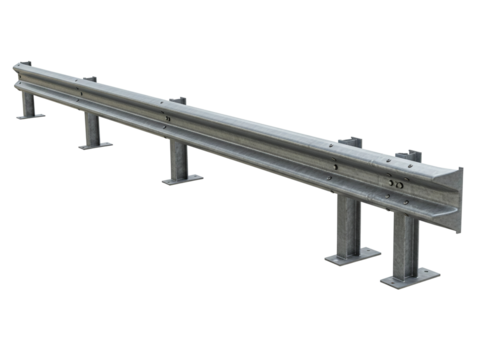 Galvanized steel highway guardrail section with support posts isolated on transparent background