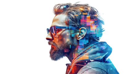Profile of a man with glasses reveals digital connection, technology, and modern life.