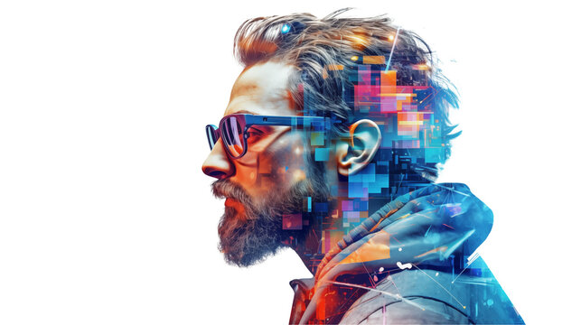 Profile of a man with glasses reveals digital connection, technology, and modern life. - Powered by Adobe