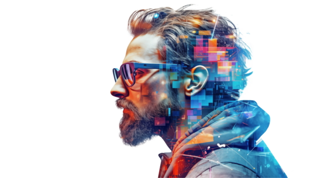 Profile of a man with glasses reveals digital connection, technology, and modern life.