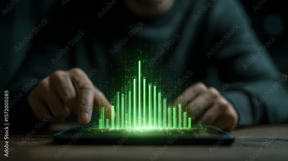Poster person interacting with a glowing green data graph on a tablet, showcasing data analytics and digita