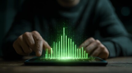 Person interacting with a glowing green data graph on a tablet, showcasing data analytics and digital business insights.