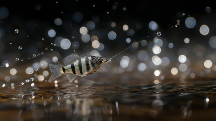 Archerfish spitting water droplet, dynamic splash captured in crisp detail, tropical river background softly blurred, intense focus on fish and water
