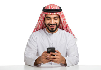 Happy arab man in traditional clothing using his smartphone isolated on transparent background
