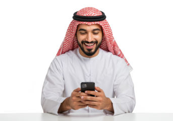Happy arab man in traditional clothing using his smartphone isolated on transparent background