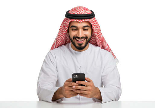 Happy arab man in traditional clothing using his smartphone isolated on transparent background