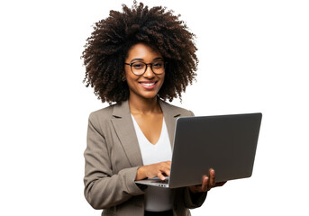 Smiling woman with afro hair and glasses holding a laptop isolated on transparent background