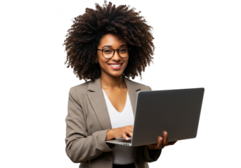 Smiling woman with afro hair and glasses holding a laptop isolated on transparent background