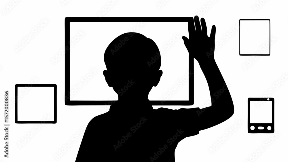 Poster silhouette of a person with raised hand interacting with screens and a mobile device in black and wh