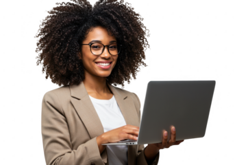 Smiling woman with glasses and curly hair holding a laptop isolated on transparent background