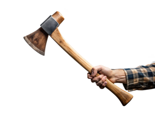 Wood chopping axe in hand on a transparent background
