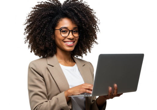 Smiling woman with glasses and curly hair holding a laptop isolated on transparent background