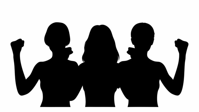 Silhouette of three women with raised fists symbolizing empowerment and solidarity on a white background