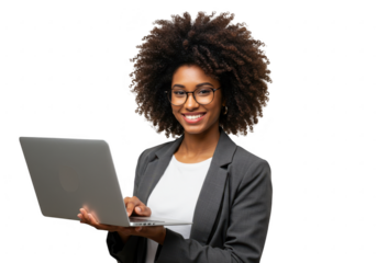 Smiling woman with afro hair wearing glasses and a suit jacket holding a laptop isolated on transparent background
