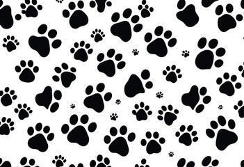 Fototapeta premium Seamless pattern of playful black paw prints on white background, element, puppy