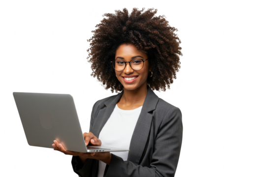 Smiling woman with afro hair wearing glasses and a suit jacket holding a laptop isolated on transparent background