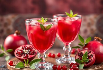 Refreshing pomegranate granita in elegant oriental glasses, vibrant red hues,   ice crystals,  texture