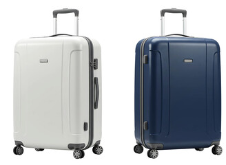 Two modern hard shell suitcases one white and one navy blue isolated on transparent background
