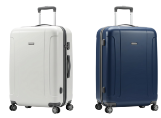 Two modern hard shell suitcases one white and one navy blue isolated on transparent background