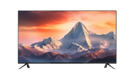 A sleek television displays a stunning mountain landscape beneath a vibrant sunset sky, creating an immersive viewing experience.
