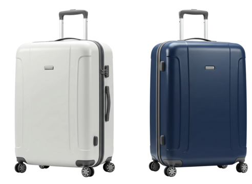 Two modern hard shell suitcases one white and one navy blue isolated on transparent background