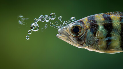 Archerfish spitting water droplet, dynamic splash captured in crisp detail, tropical river background softly blurred, intense focus on fish and water