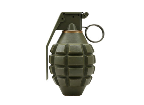 Green fragmentation hand grenade with safety lever and pin isolated on transparent background