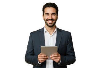 Smiling businessman holding a tablet computer isolated on transparent background