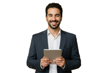 Smiling businessman holding a tablet computer isolated on transparent background