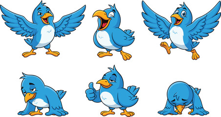 Cartoon blue bird with different emotions, happy sad funny poses, expressive flying bird character, cute animal clipart, isolated on white