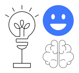 Lightbulb with sprouting leaves, blue happy face, and outlined brain symbolize innovation, happiness, and mental creativity. Ideal for productivity, wellness, education, brainstorming psychology