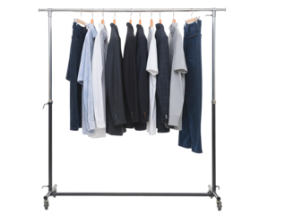 casual clothing items displayed on a rolling garment rack isolated on transparent background