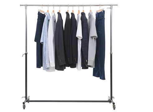 casual clothing items displayed on a rolling garment rack isolated on transparent background - Powered by Adobe