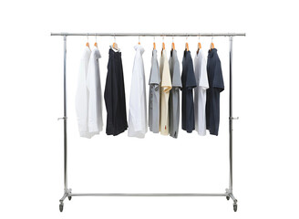 casual clothing items displayed on a rolling garment rack isolated on transparent background