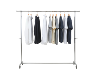 casual clothing items displayed on a rolling garment rack isolated on transparent background