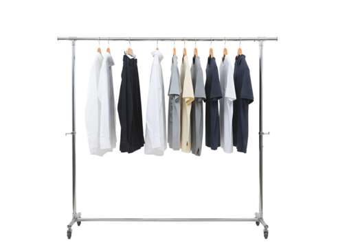 casual clothing items displayed on a rolling garment rack isolated on transparent background