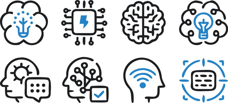 Neural Network and AI Icons in Thin Outline Vector Set
