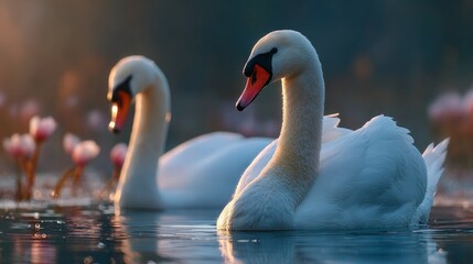 Elegant swans swimming in tranquil lake at sunrise nature photography serene environment