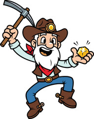 Cartoon gold miner character holding nugget, pickaxe in hand, treasure discovery, happy prospector illustration, adventure, vintage outfit, mining concept