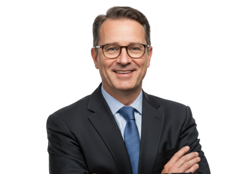 Smiling businessman wearing glasses and suit isolated on transparent background