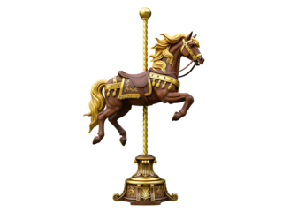 Ornate carousel horse with golden mane and decorative saddle isolated on transparent background